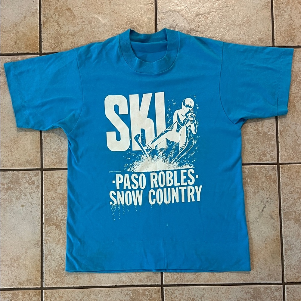 1988 Vintage Single Stitch Blue Ski Paso Robles Country Graphic T-Shirt, Sz L